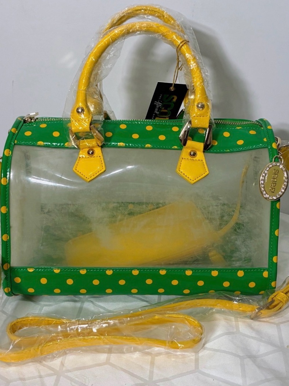 SCORE game day bag with green and yellow polka dots NWT college colors